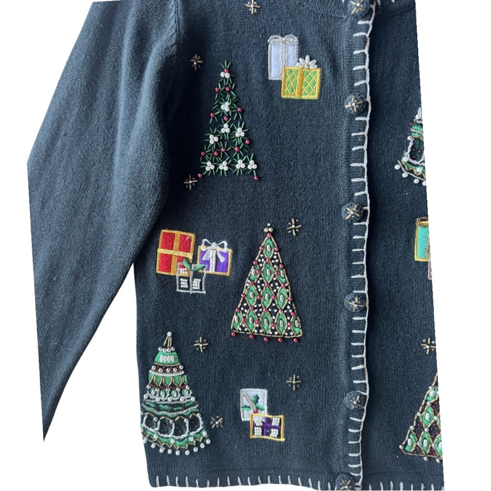 Vintage 90s Beaded Christmas Tree Cardigan Ugly Sweater L 10-12 knit holiday - Picture 4 of 7
